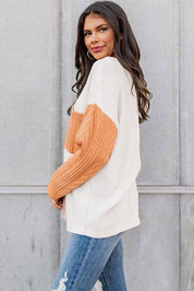 Long Sleeve Colorblock Pocket Textured Top