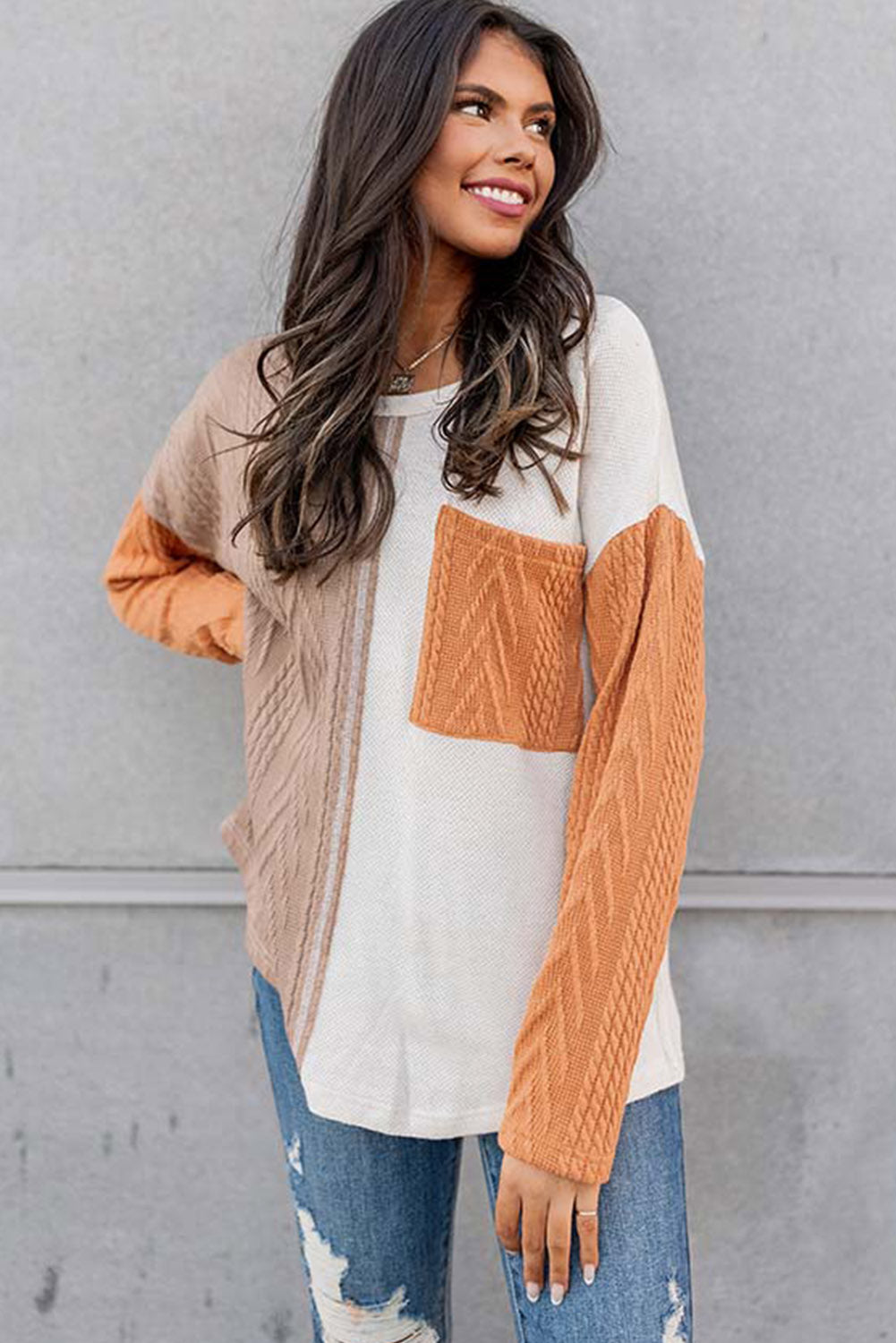Long Sleeve Colorblock Pocket Textured Top