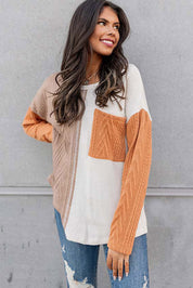 Long Sleeve Colorblock Pocket Textured Top