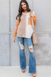 Long Sleeve Colorblock Pocket Textured Top