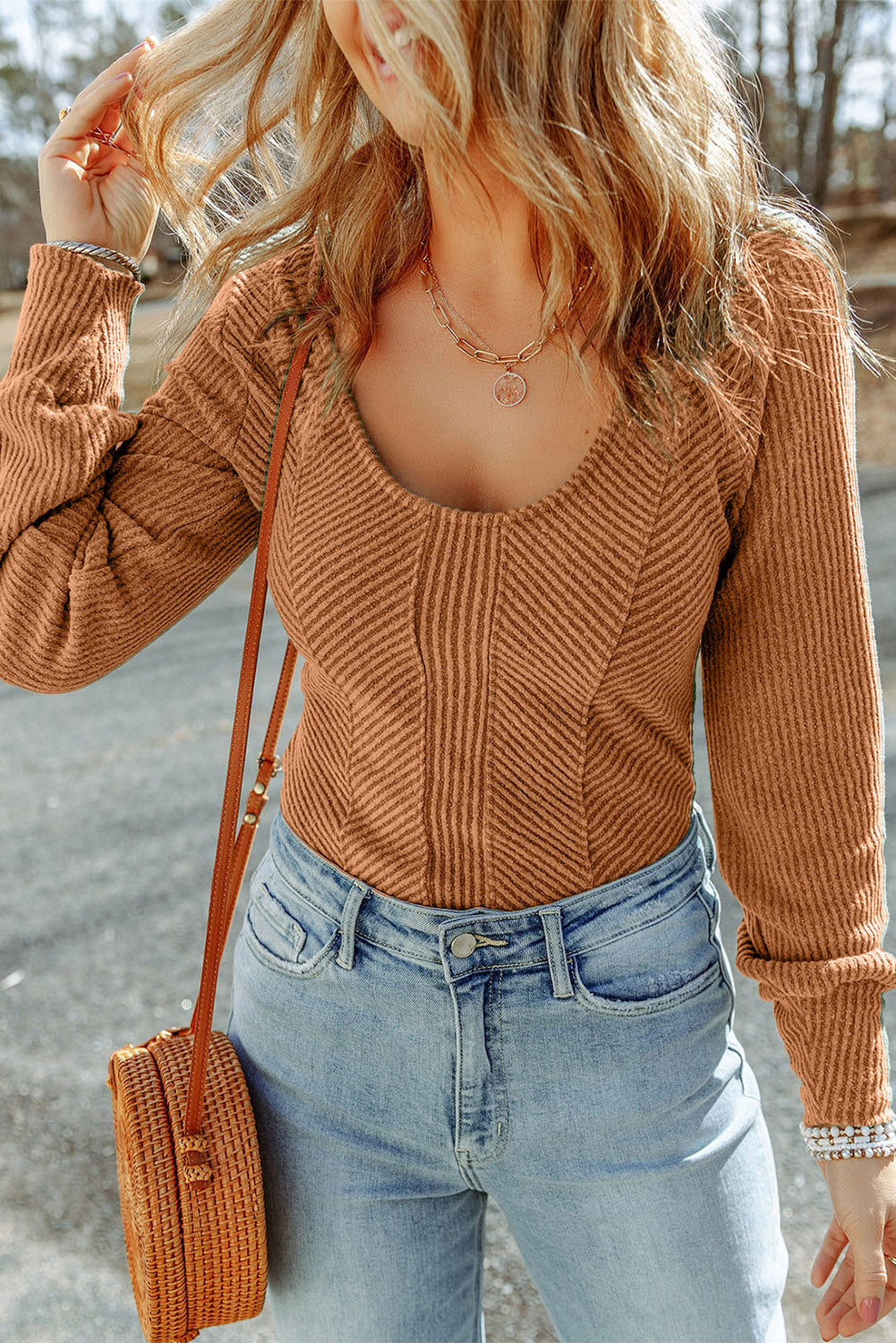 Textured Scoop Neck Long Sleeve Top