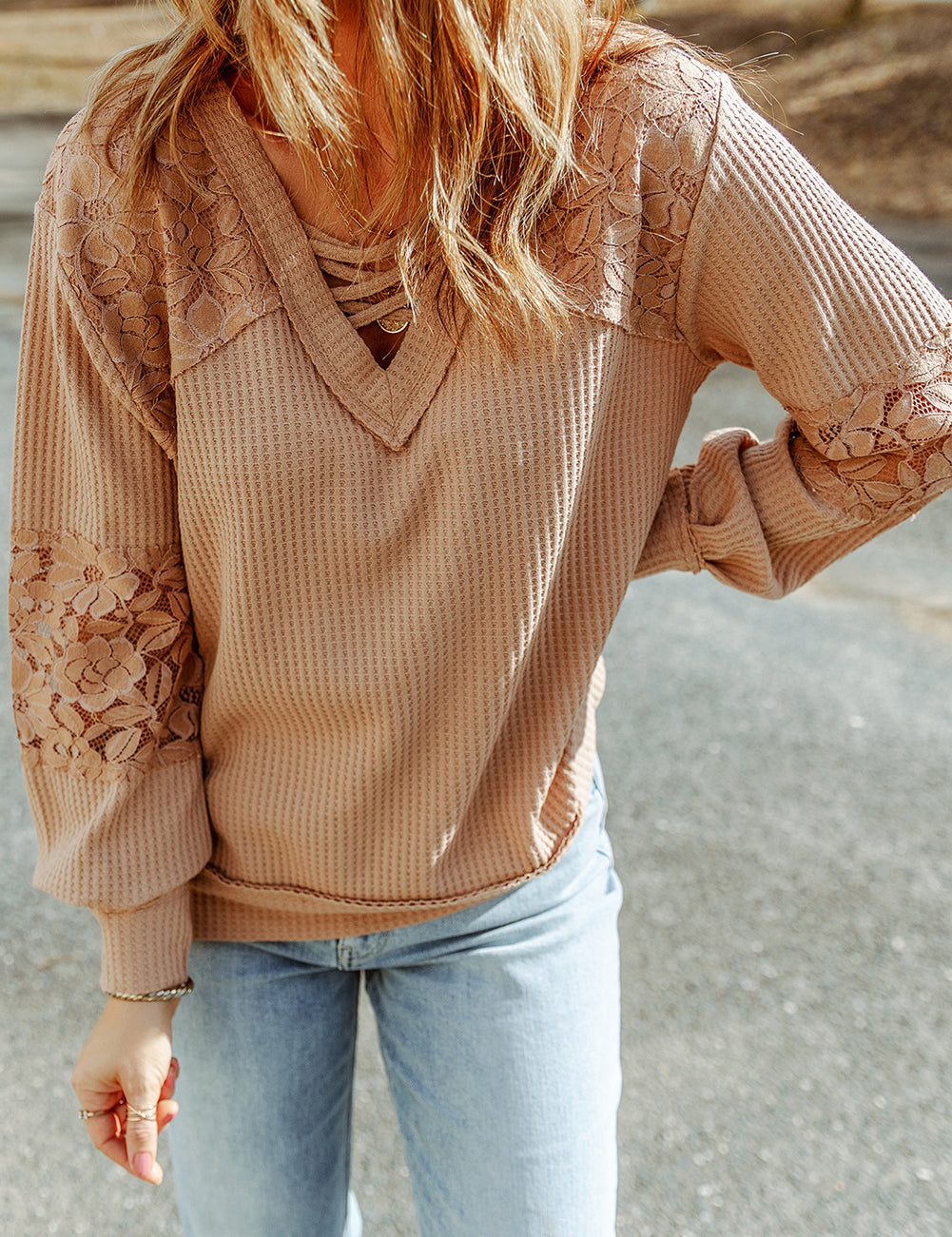 Lace Waffle Patchwork Strappy V Neck Long Sleeve Top