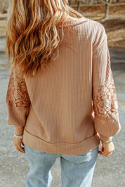 Lace Waffle Patchwork Strappy V Neck Long Sleeve Top
