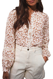 Printed Floral Lace Detail Long Sleeve Top