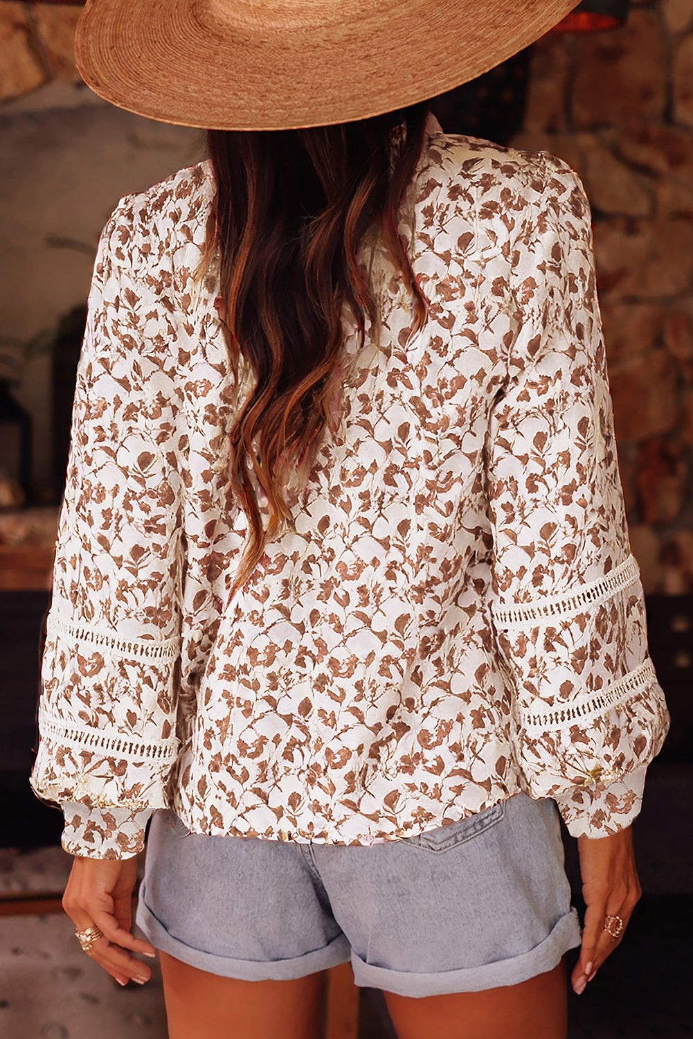 Printed Floral Lace Detail Long Sleeve Top