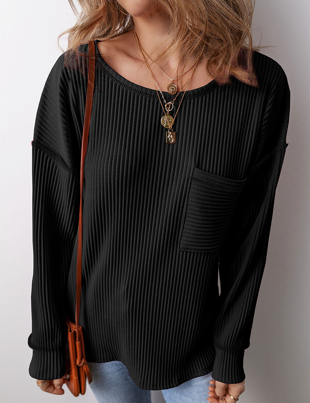 Corded Drop Shoulder Long Sleeve Top