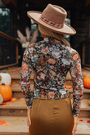 Floral Long Sleeve High Neck Mesh Top