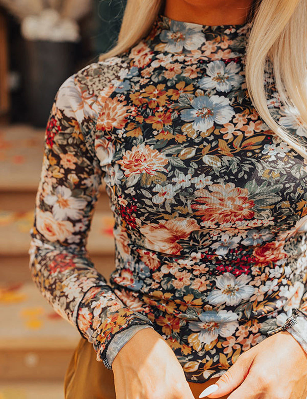 Floral Long Sleeve High Neck Mesh Top