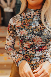 Floral Long Sleeve High Neck Mesh Top