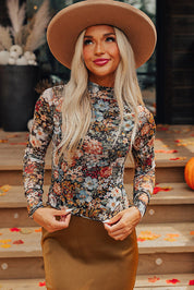 Floral Long Sleeve High Neck Mesh Top