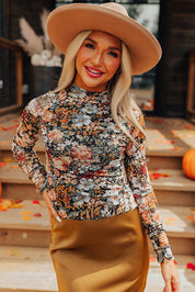 Floral Long Sleeve High Neck Mesh Top