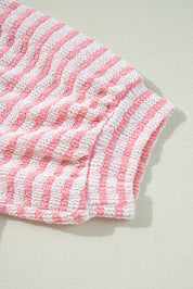 Stripe Textured Puff Sleeve Crewneck Top
