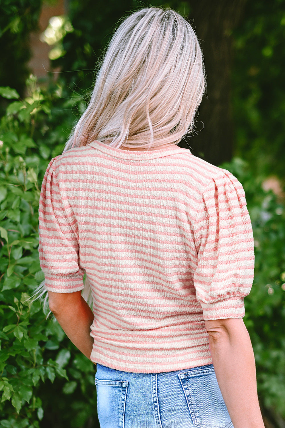 Stripe Textured Puff Sleeve Crewneck Top