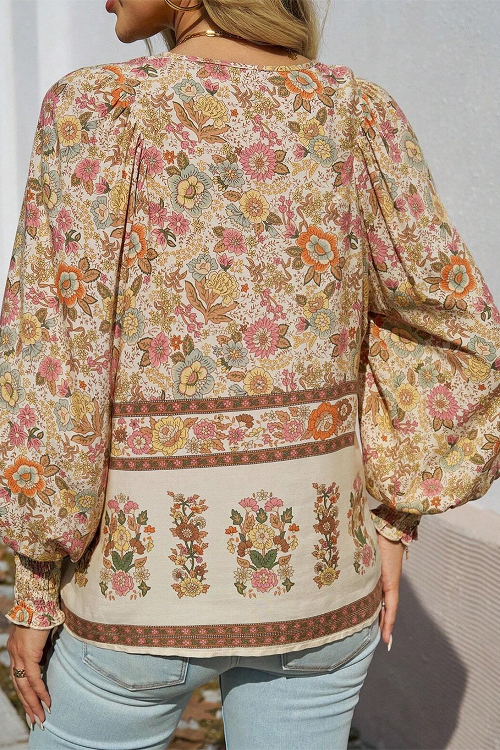Floral Print Tie Neck Long Sleeve Top