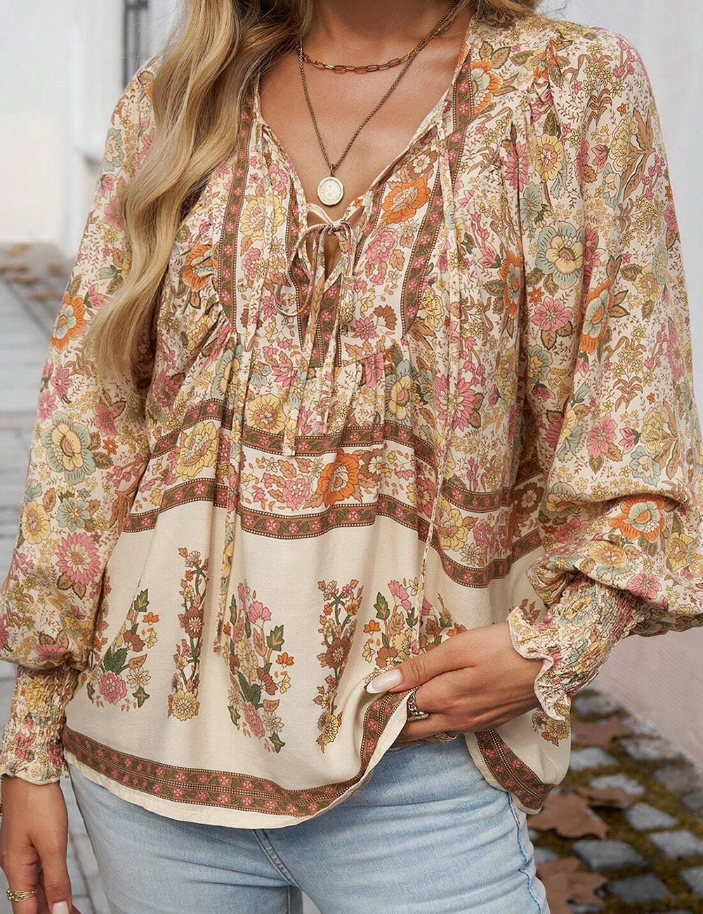 Floral Print Tie Neck Long Sleeve Top