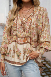Floral Print Tie Neck Long Sleeve Top