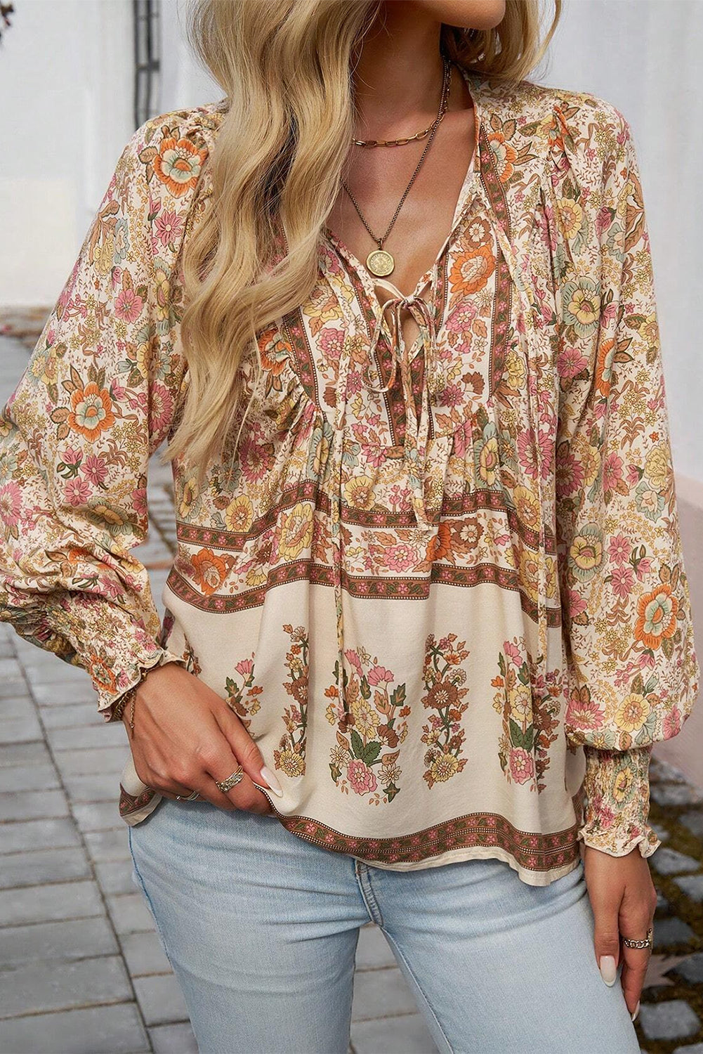 Floral Print Tie Neck Long Sleeve Top