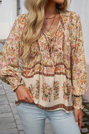 Floral Print Tie Neck Long Sleeve Top