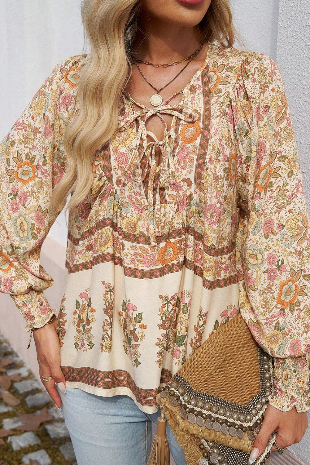 Floral Print Tie Neck Long Sleeve Top