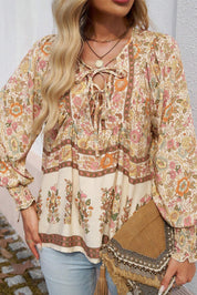 Floral Print Tie Neck Long Sleeve Top