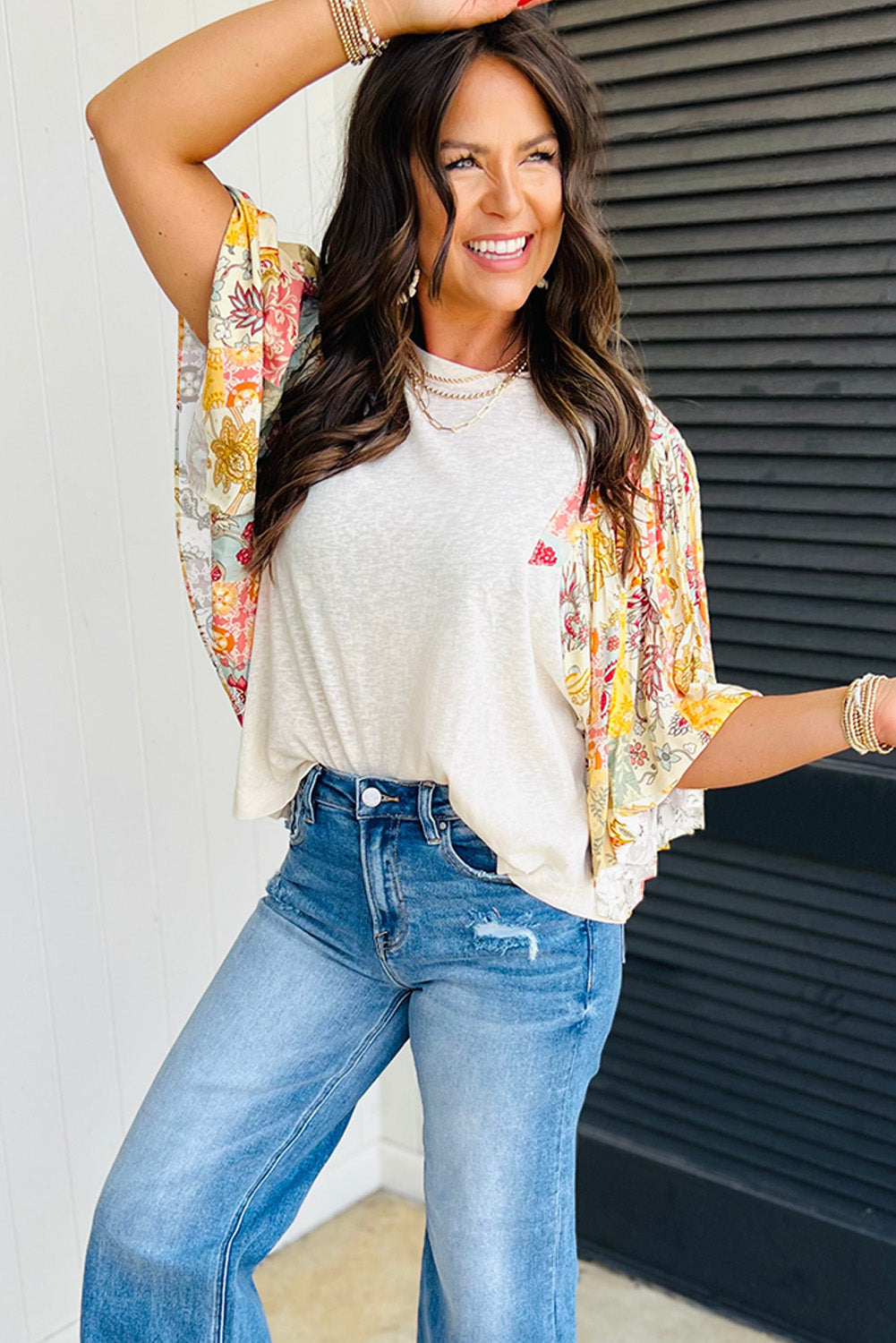 Floral Patchwork Quarter Sleeve Top