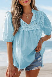 Embroidered Lace Puff Short Sleeve Blouse