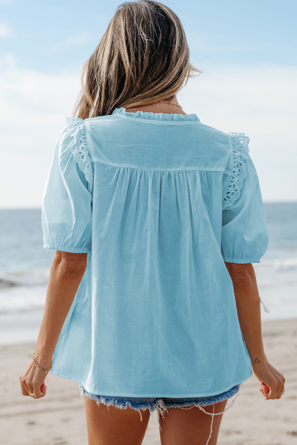 Embroidered Lace Puff Short Sleeve Blouse