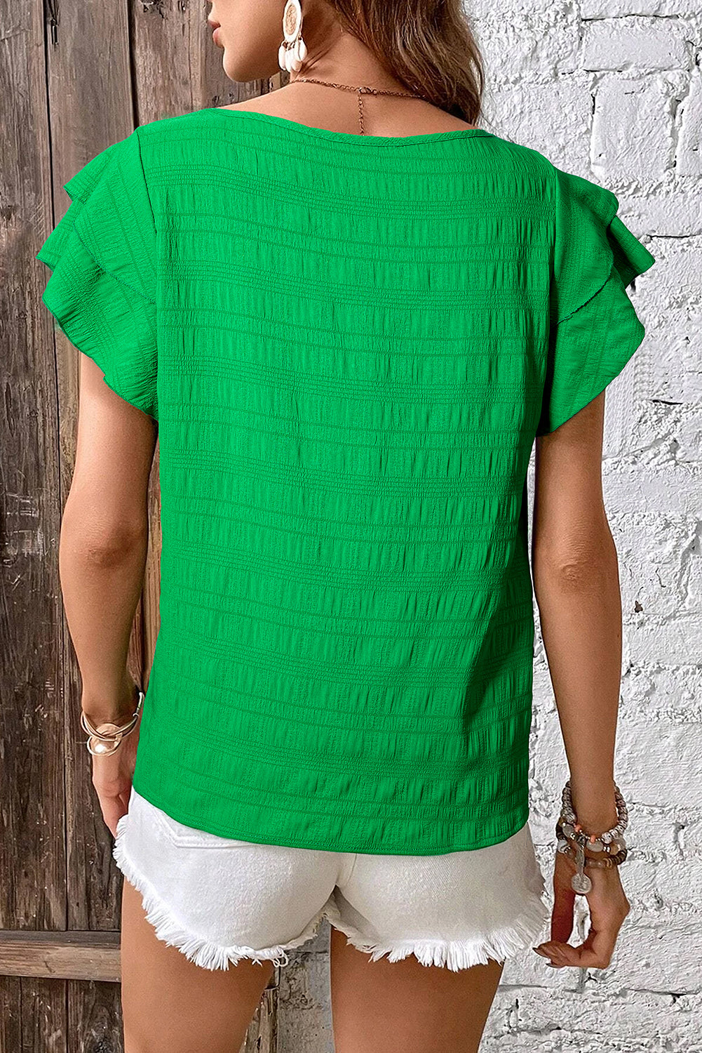 Textured Ruffled Sleeve Round Neck Top