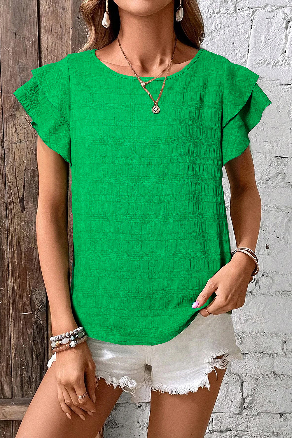 Textured Ruffled Sleeve Round Neck Top