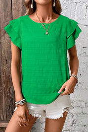 Textured Ruffled Sleeve Round Neck Top