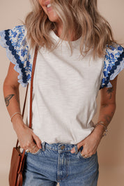 Trim Printed Short Sleeve Patchwork Top