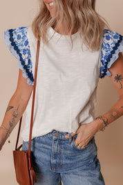 Trim Printed Short Sleeve Patchwork Top