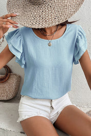 Solid Color Ruffled Short Sleeve Casual Blouse