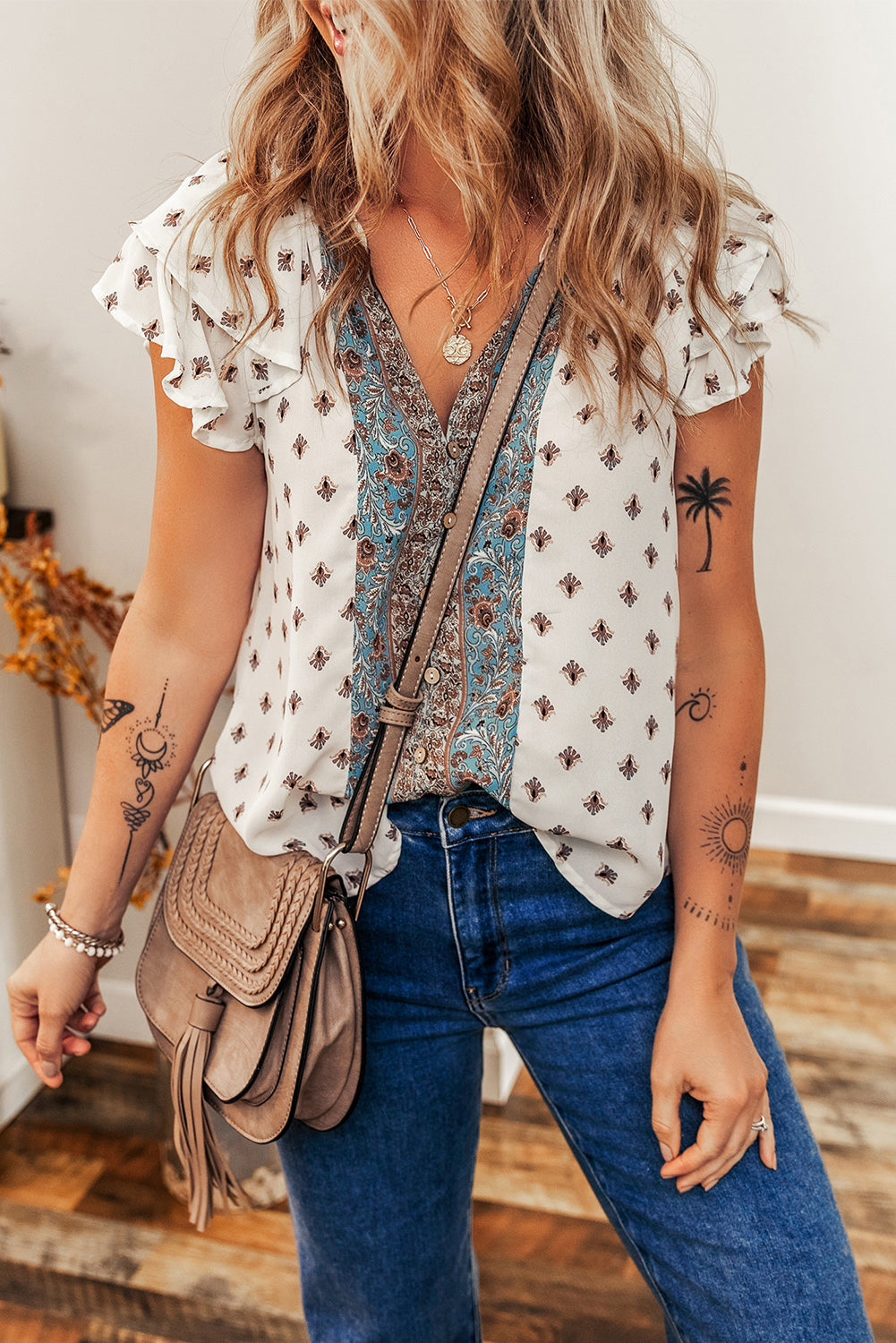 Boho Ruffled Sleeve V-Neck Blouse