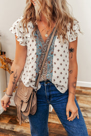 Boho Ruffled Sleeve V-Neck Blouse