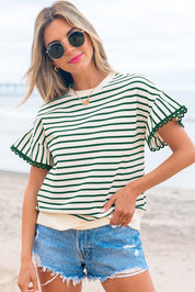 Stripe Scallop Trim Short Sleeves Top