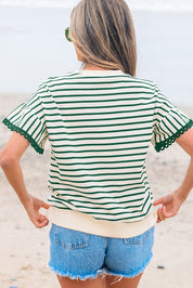 Stripe Scallop Trim Short Sleeves Top
