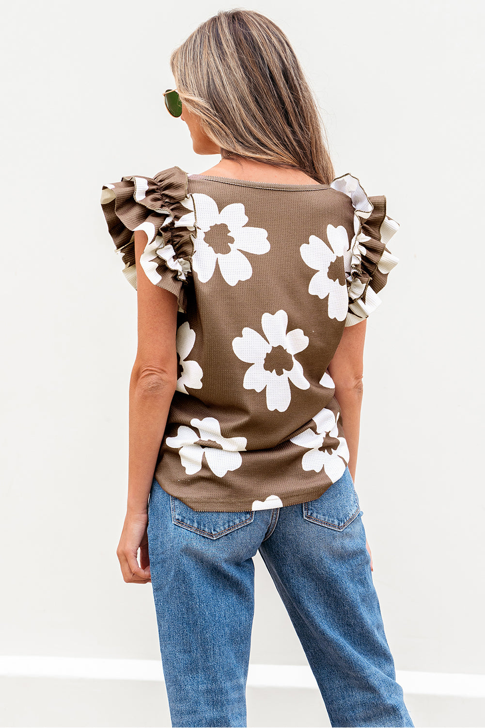 Floral Ruffled Short Sleeve Square Neck Top