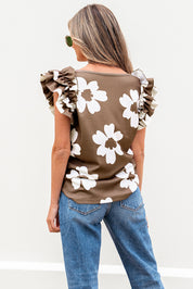 Floral Ruffled Short Sleeve Square Neck Top