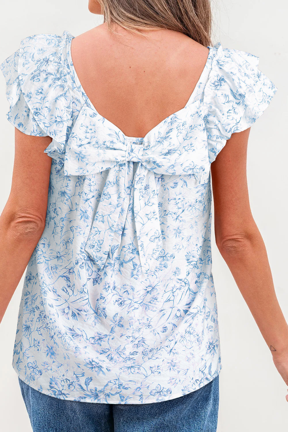 Floral Ruffled Short Sleeve Bow Top
