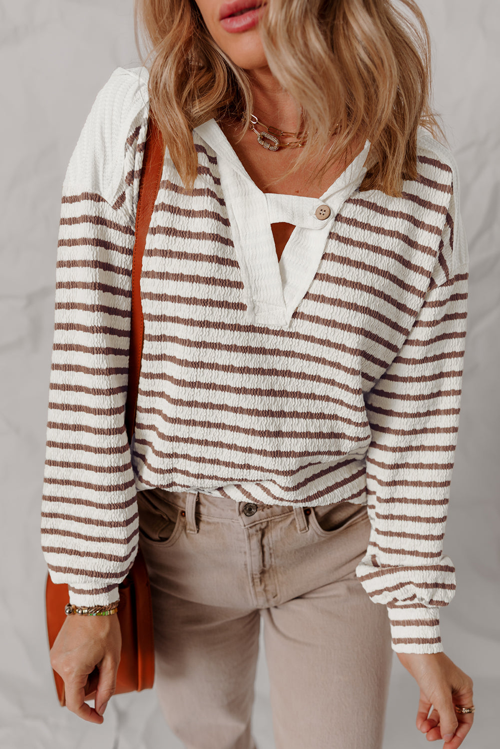 Stripe Textured Hooded Long Sleeve Top