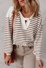 Stripe Textured Hooded Long Sleeve Top