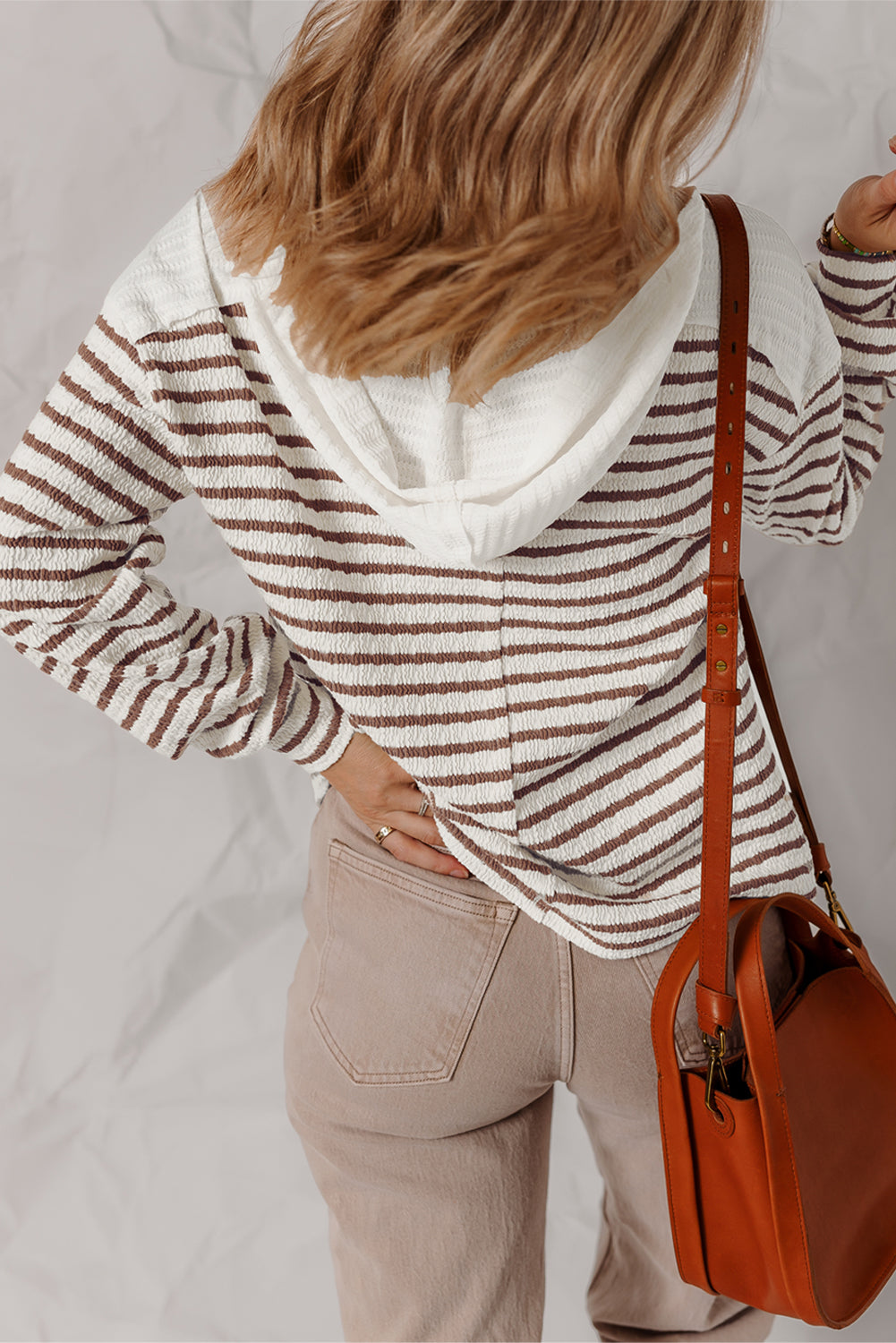 Stripe Textured Hooded Long Sleeve Top