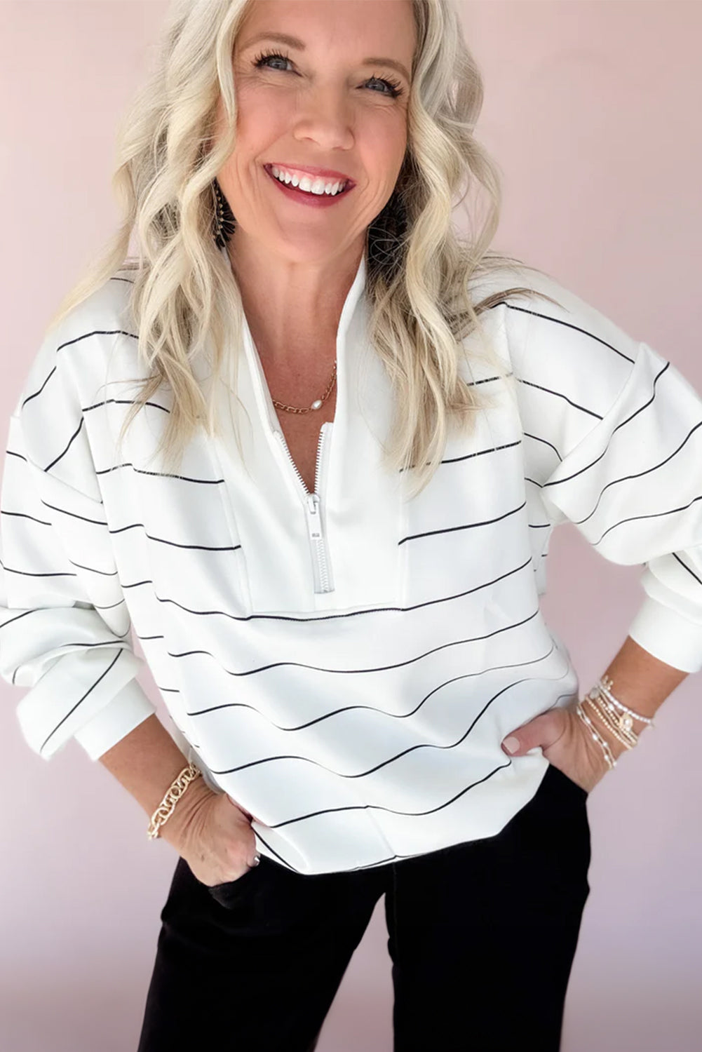 Quarter Zip Stripe Long Sleeve Top