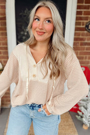 Waffle Patchwork Hooded Long Sleeve Top