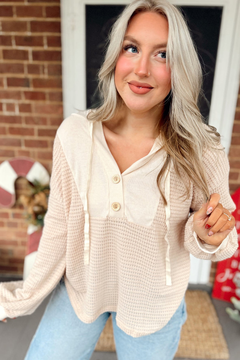 Waffle Patchwork Hooded Long Sleeve Top