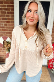 Waffle Patchwork Hooded Long Sleeve Top