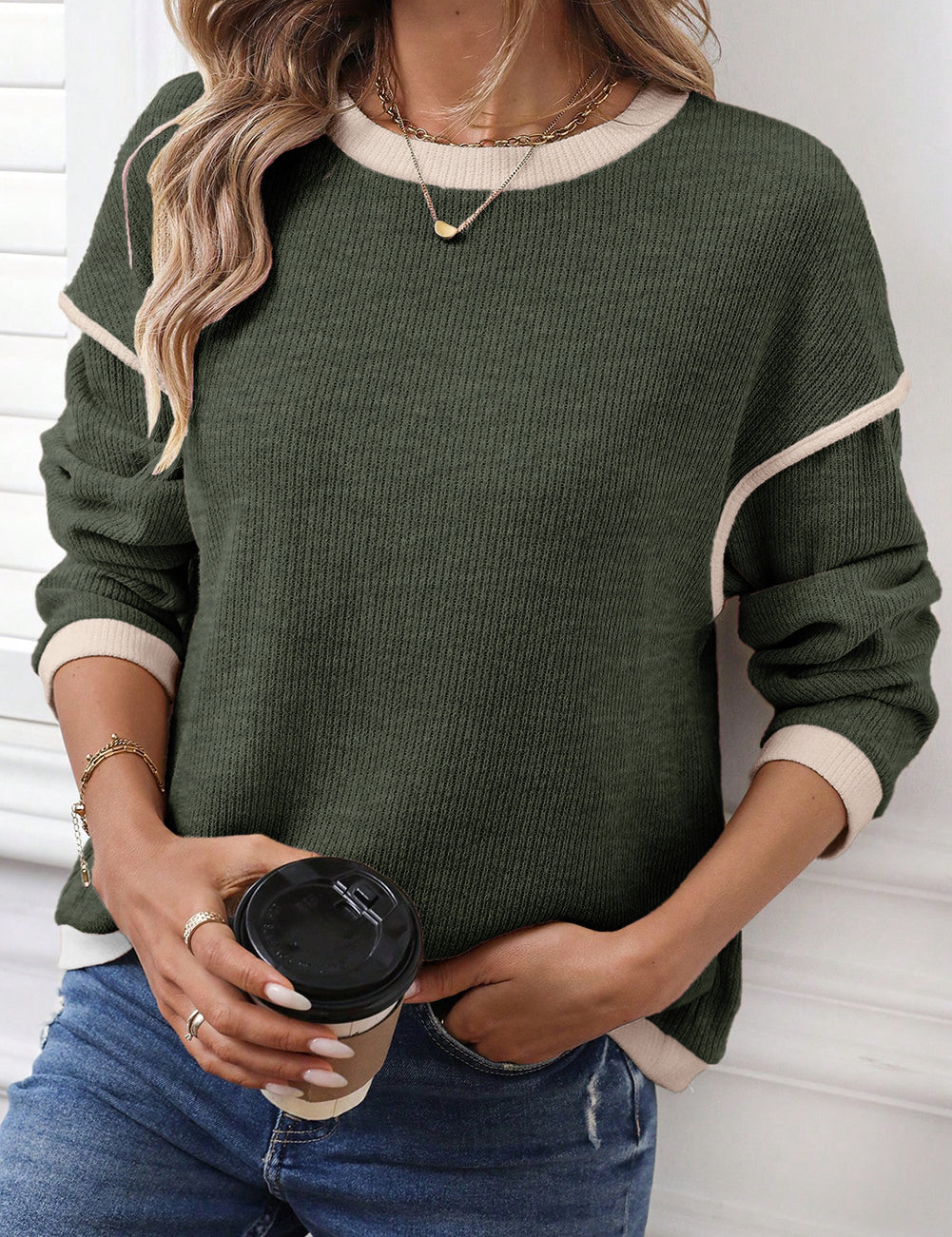Contrast Color Trim Knit Sweater