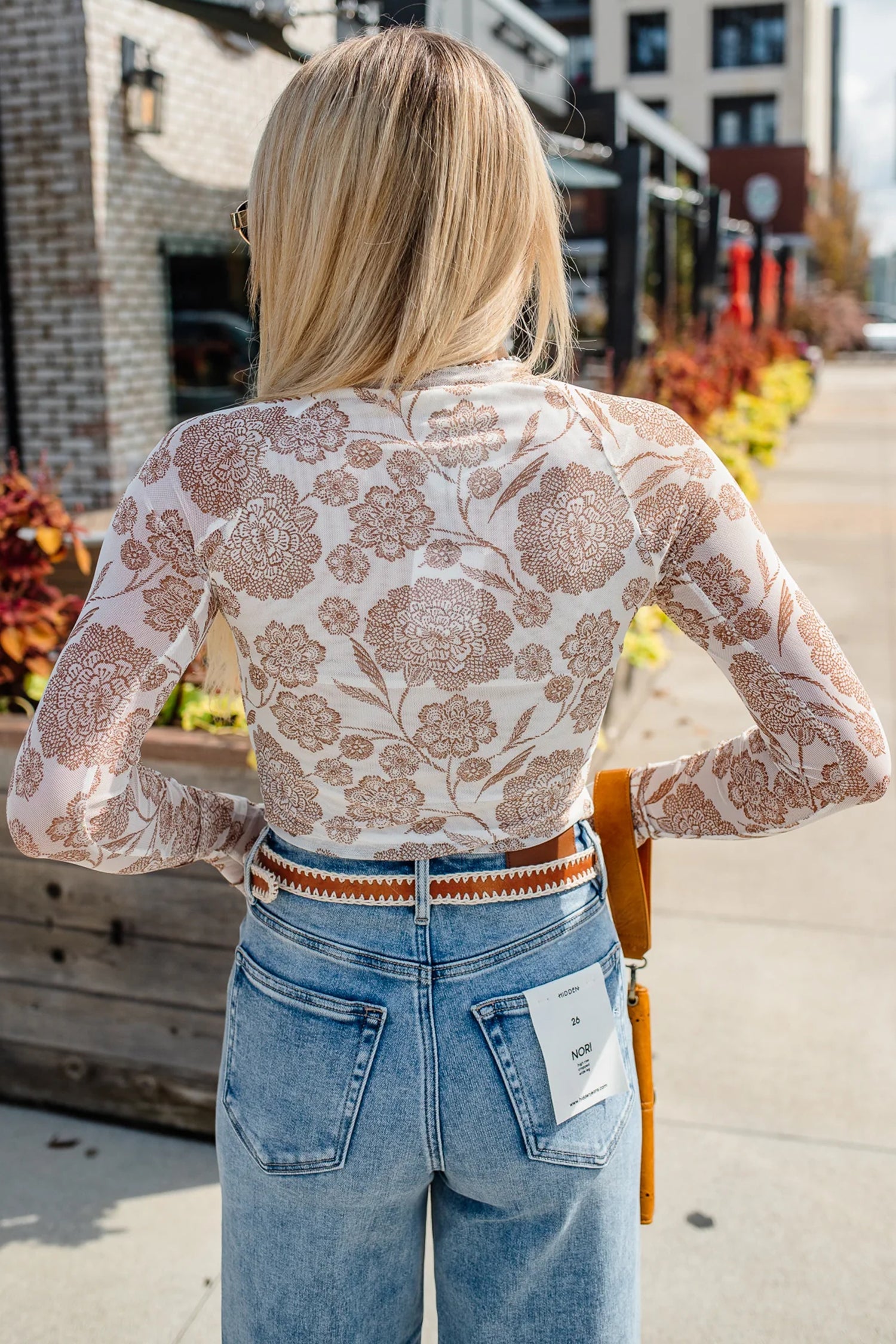 Thumbhole Floral Print Mesh Long Sleeve Top
