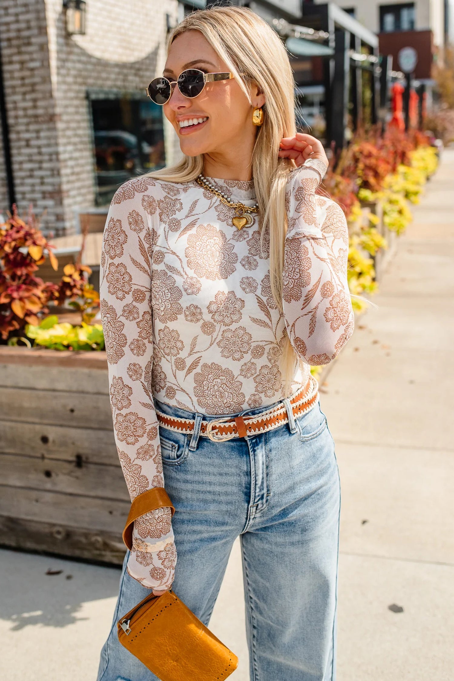 Thumbhole Floral Print Mesh Long Sleeve Top